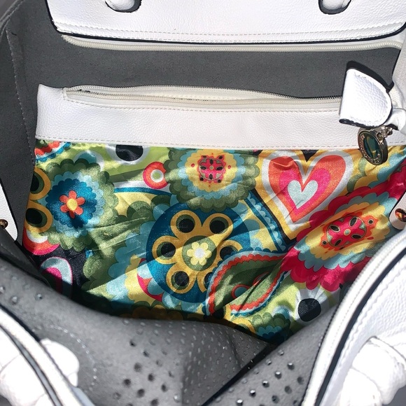 white perforated faux leather tote bag purse with floral snap in bag - Picture 5 of 12